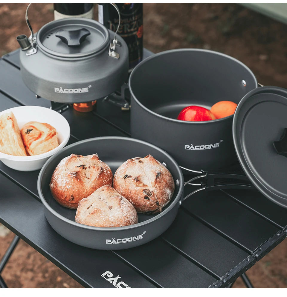 PACOONE Camping Cookware Set – Portable Outdoor Cooking Kit with Pot, Kettle and Pan for Hiking & Picnic