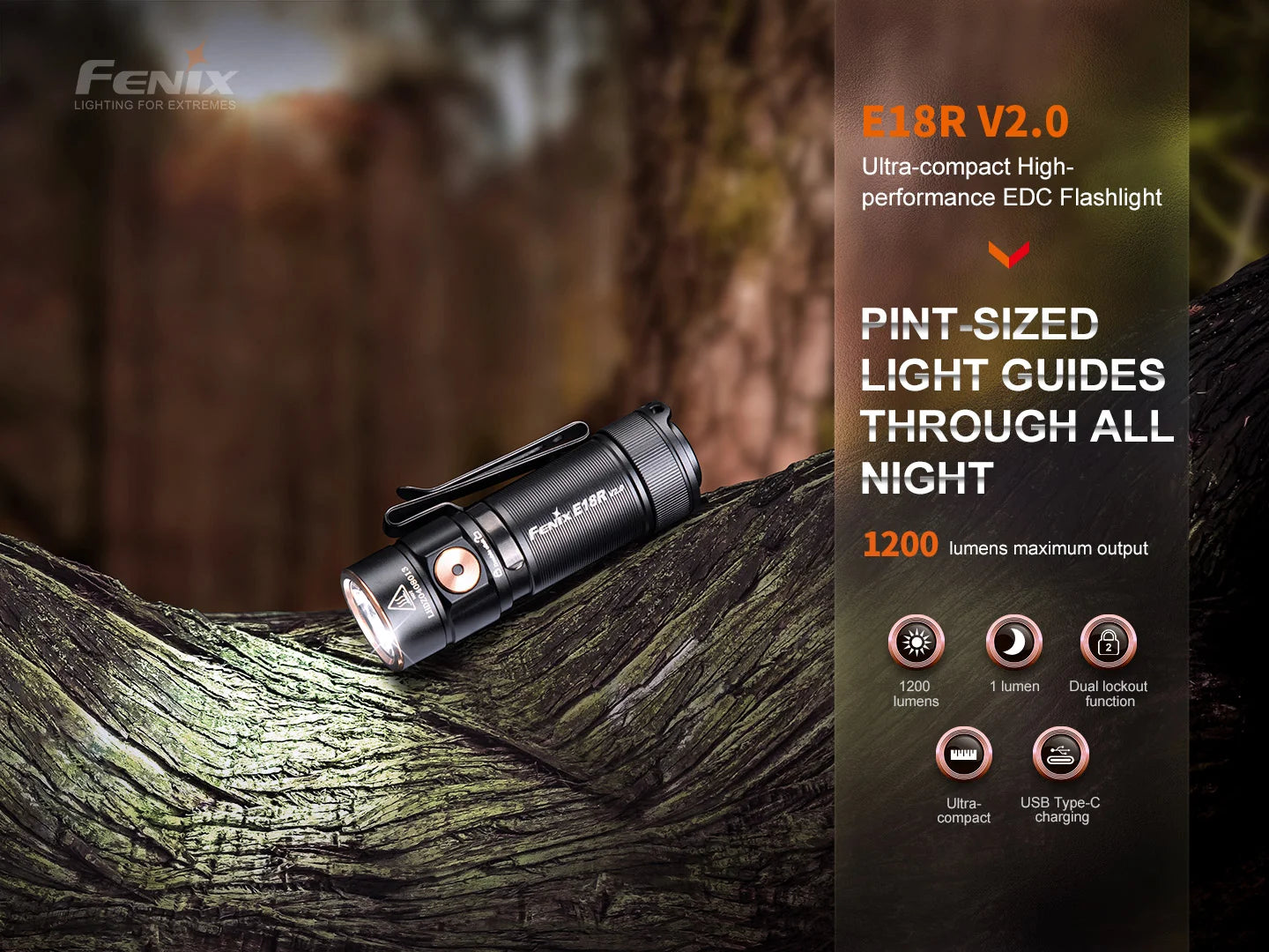 FENIX E18R V2.0 Flashlight Torch 1200 Lumens 146 Meters IP68 Flashlight 