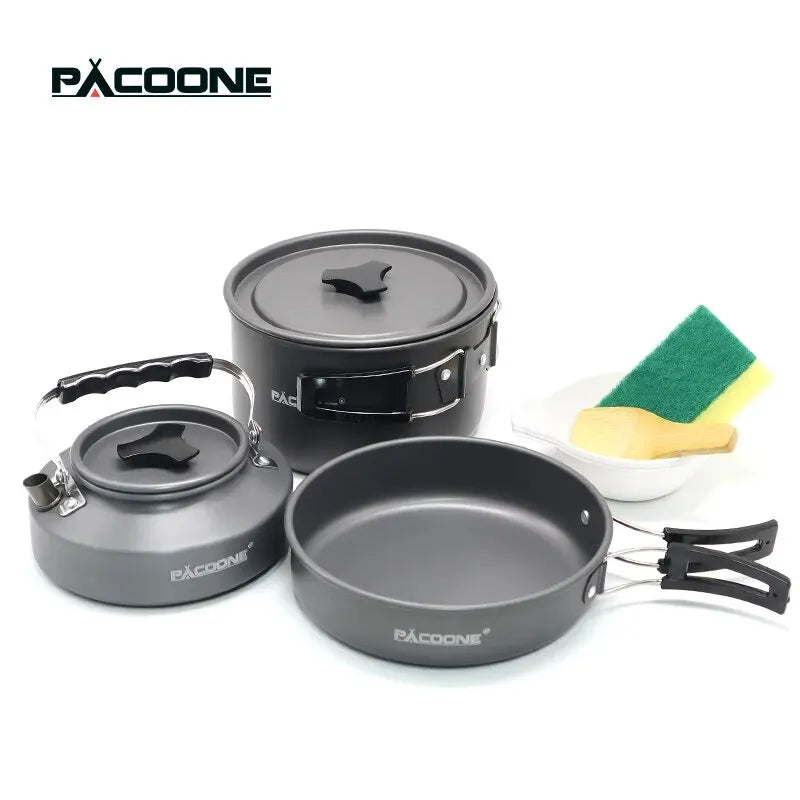 PACOONE Camping Cookware Set – Portable Outdoor Cooking Kit with Pot, Kettle and Pan for Hiking & Picnic