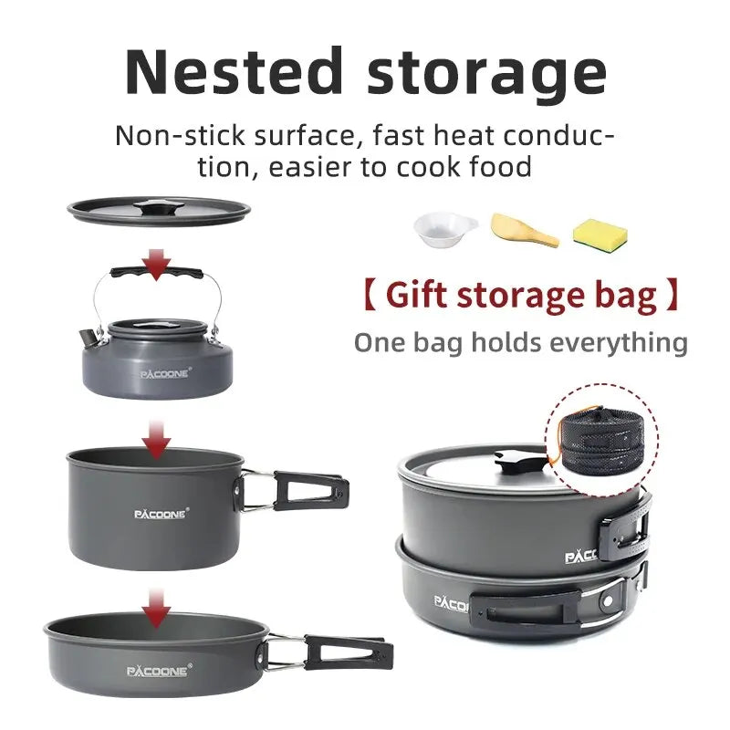 PACOONE Camping Cookware Set – Portable Outdoor Cooking Kit with Pot, Kettle and Pan for Hiking & Picnic