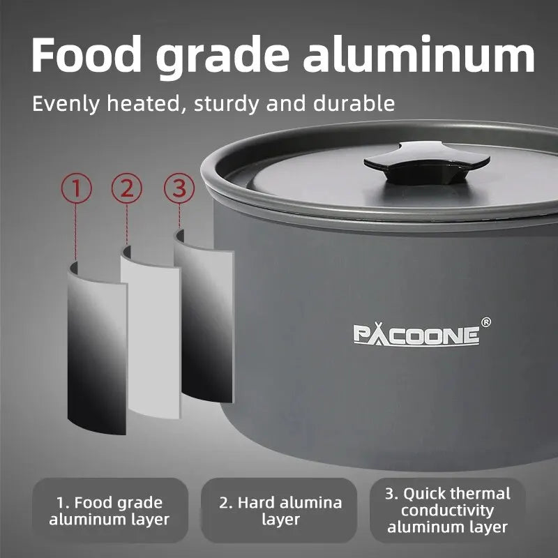PACOONE Camping Cookware Set – Portable Outdoor Cooking Kit with Pot, Kettle and Pan for Hiking & Picnic