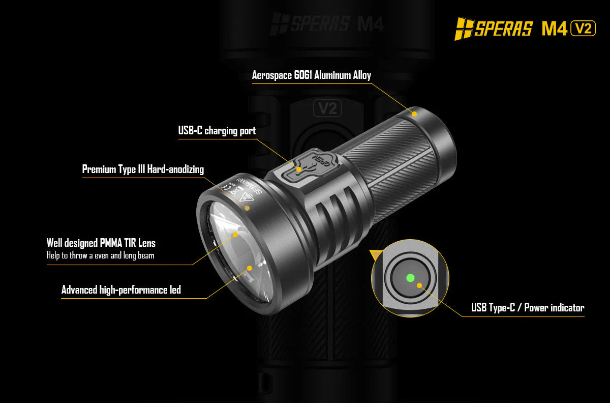 SPERAS M4 Compact Type-C Rechargeable EDC Flashlight 2000lm 700m 愛維斯 照明