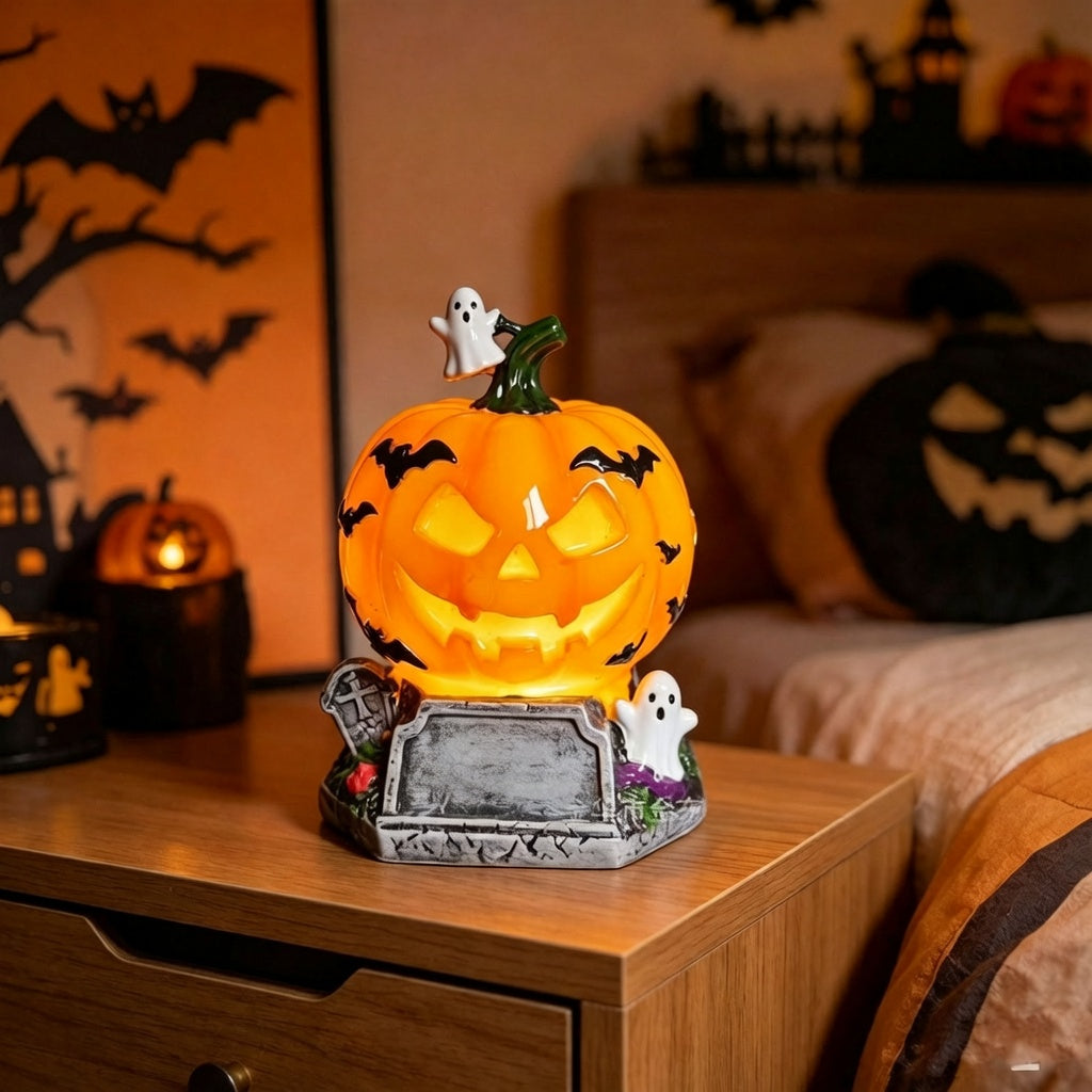 Halloween Pumpkin Resin Table Lamp – Cute Cartoon Pumpkin Decor, American Country Style Holiday Decoration Elvis Store